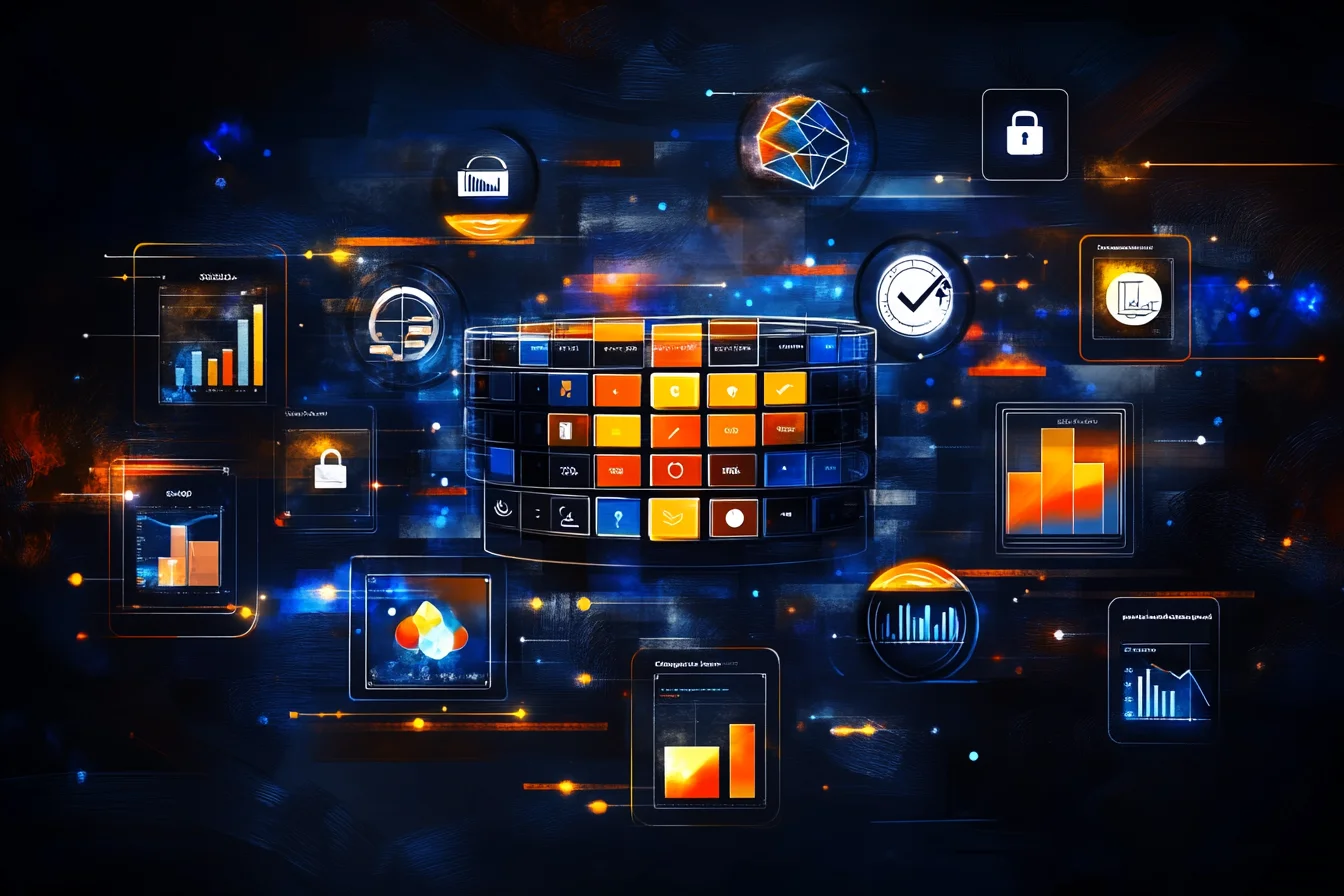 Ilustracja: serwer baz danych z ikonami wykresów, kłódek i tabel na ciemnym tle, temat SQL Server 2008